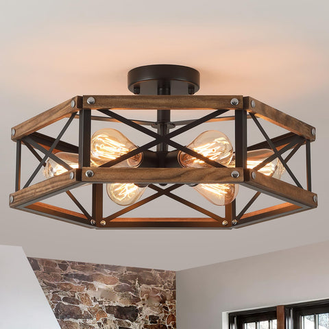 RKUCSR 6-light farmhouse ceiling light with wood cage creating rustic hallway ambience.