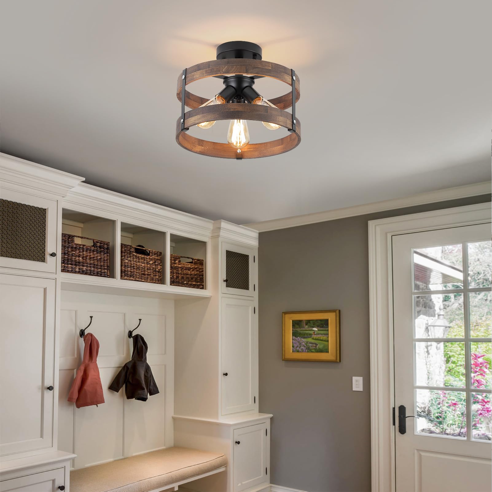RKUCSR semi flush mount ceiling light in black complements modern hallways.