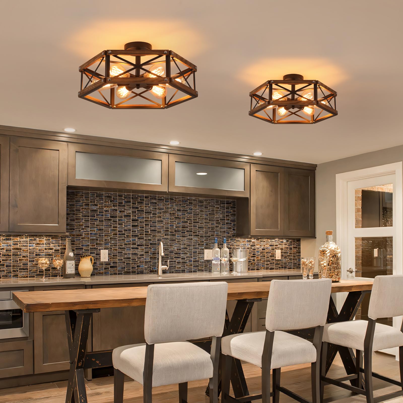 RKUCSR oak wood and metal frame dining room light for warm gatherings.
