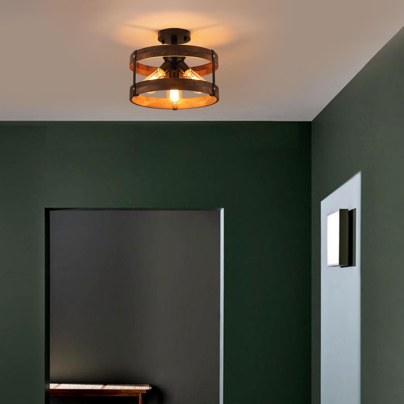 RKUCSR oak wood round drum flush mount highlights warm living spaces.