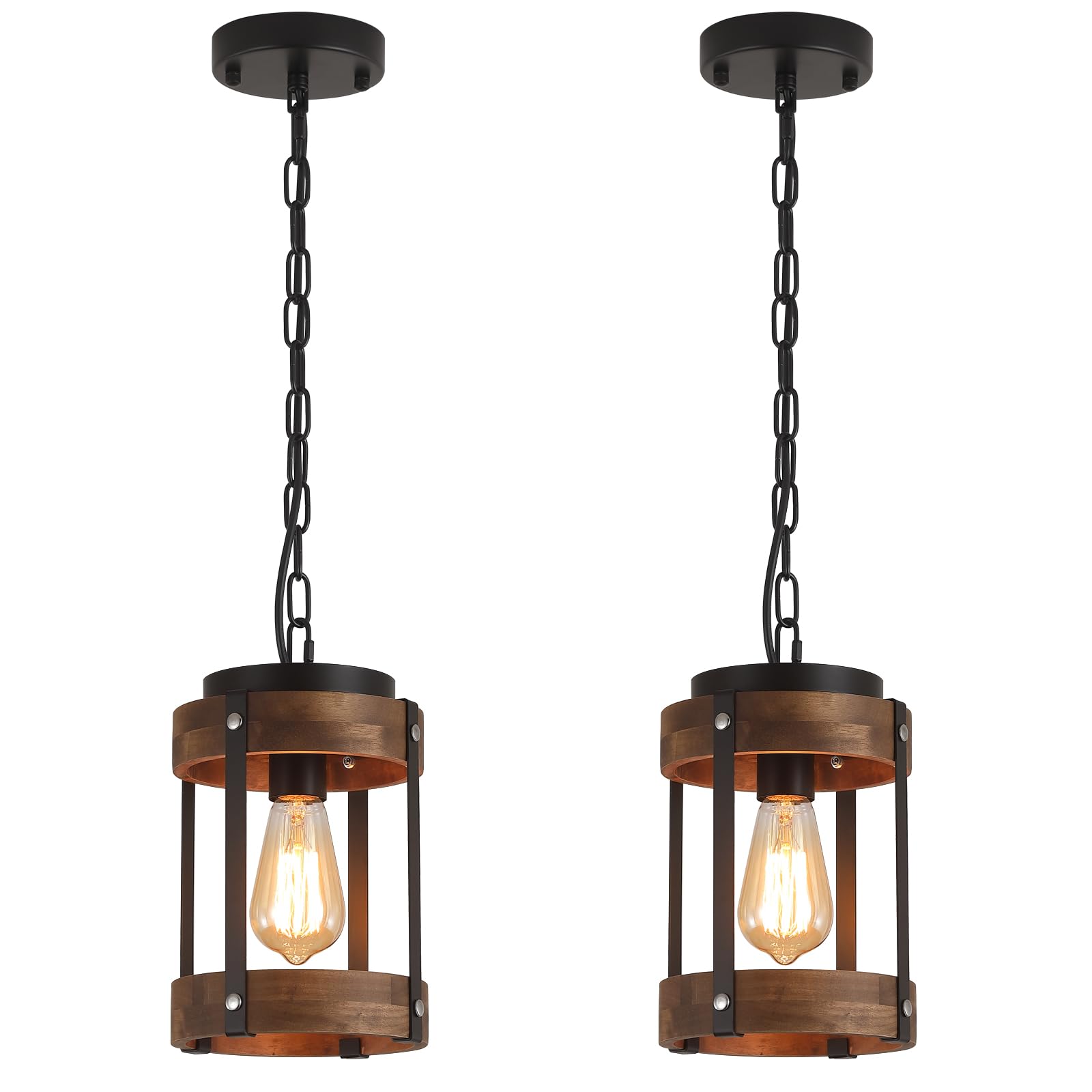 RKUCSR rustic wood pendant with black drum cage for kitchen island lighting.