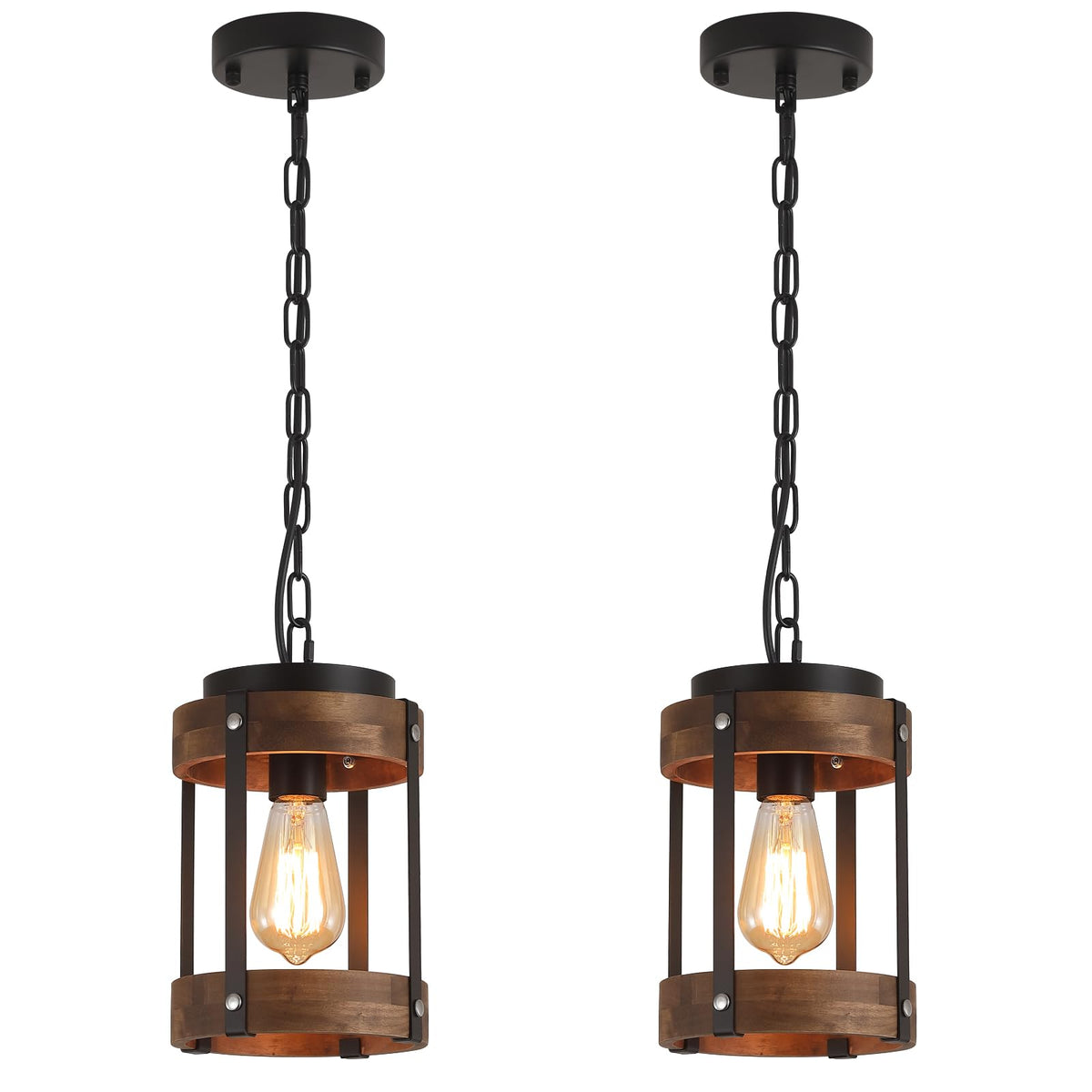 RKUCSR rustic wood pendant with black drum cage for kitchen island lighting.