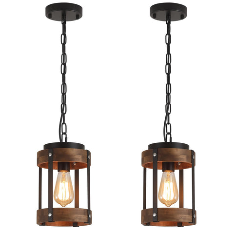RKUCSR rustic wood pendant with black drum cage for kitchen island lighting.