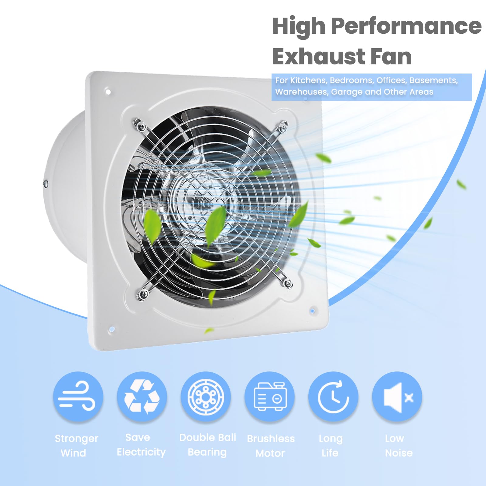 RLOZUI 8-inch exhaust fan back view reveals durable metal housing and smooth finish.