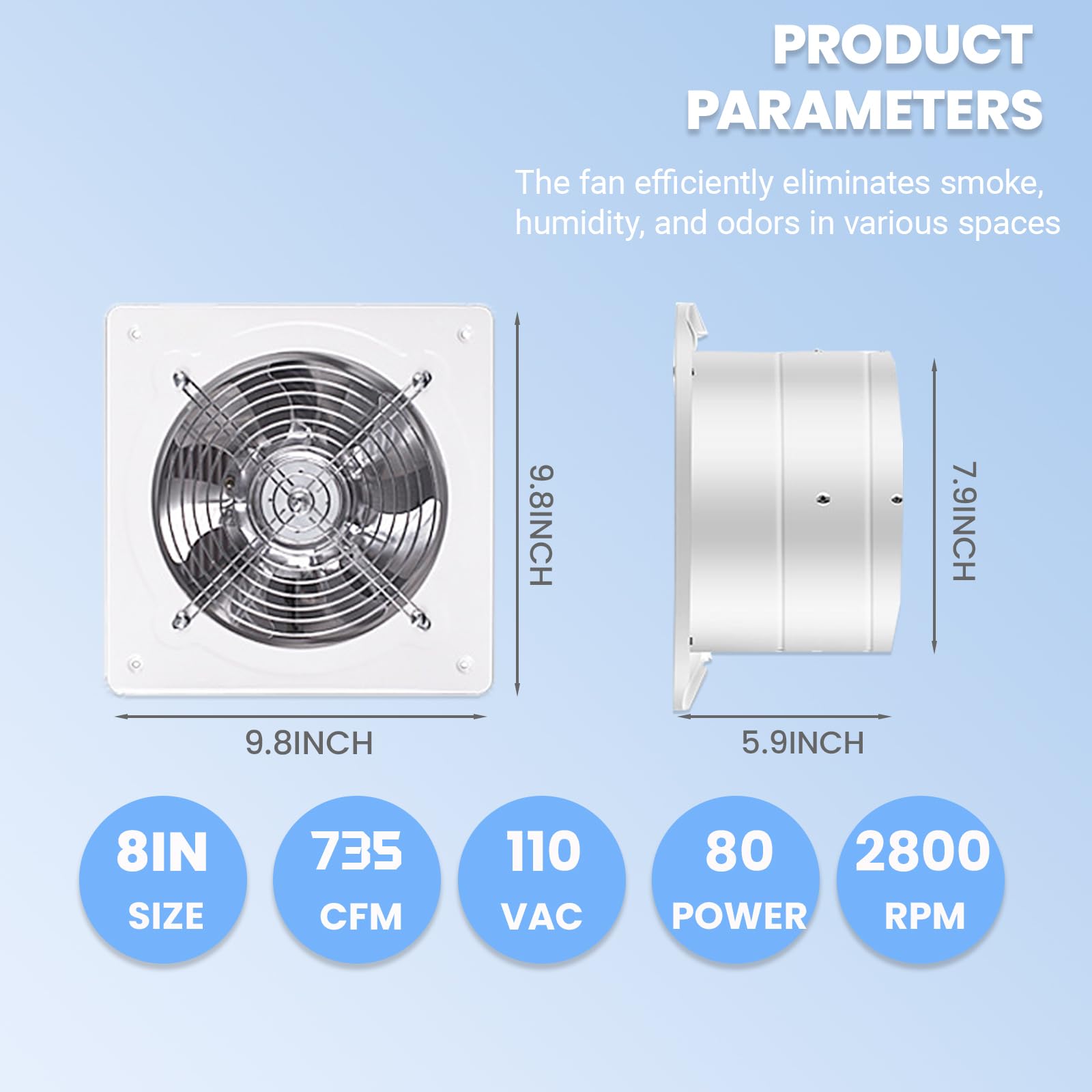RLOZUI 8-inch exhaust fan side view shows compact depth for tight spaces.