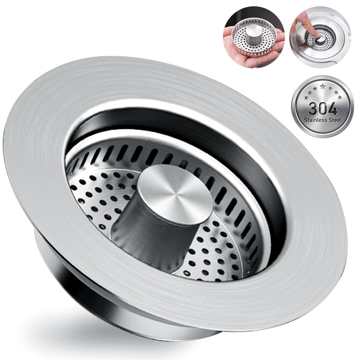 RLQXG 3-in-1 pop-up drain strainer in action, keeping sink clear and draining smoothly.