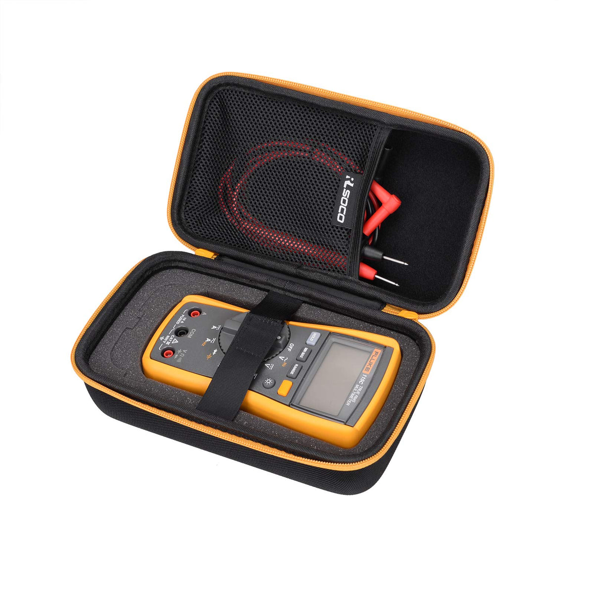 RLSOCO carrying case with yellow zipper close-up protecting Fluke DMMs during transport.