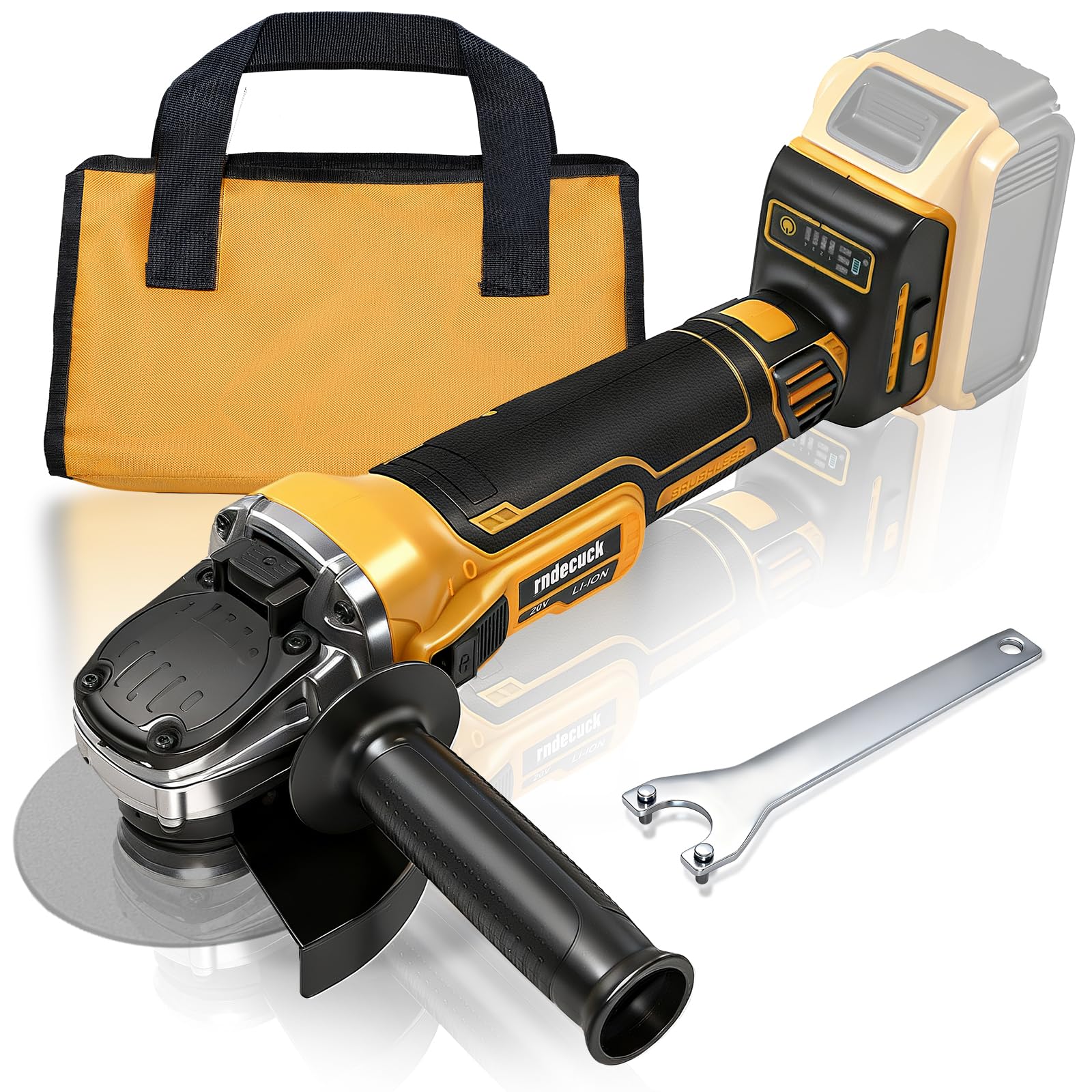 Rndecuck brushless angle grinder overview showing a compact cordless design.