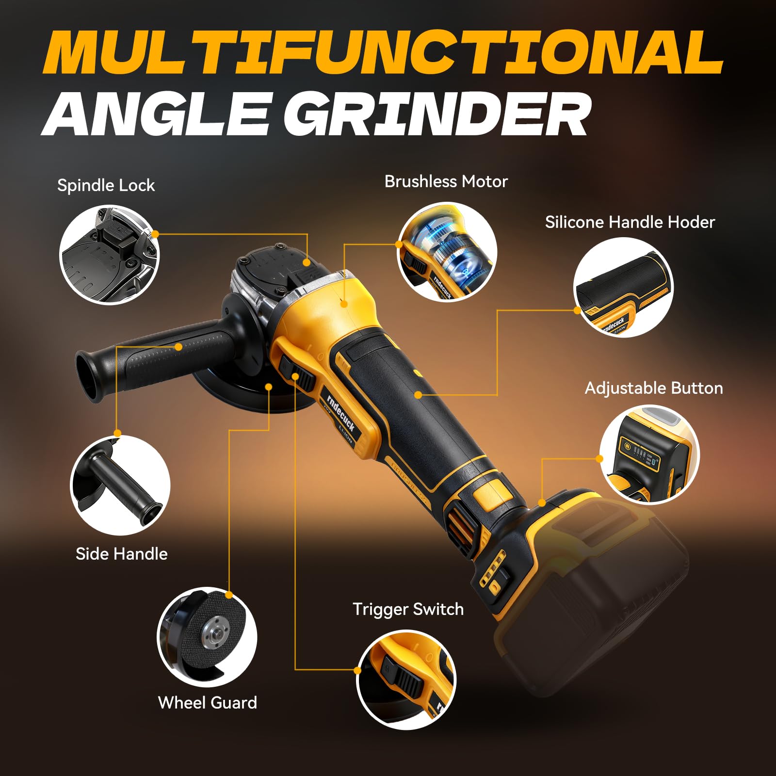 Rndecuck grinder in action for cutting and polishing in tight spaces.