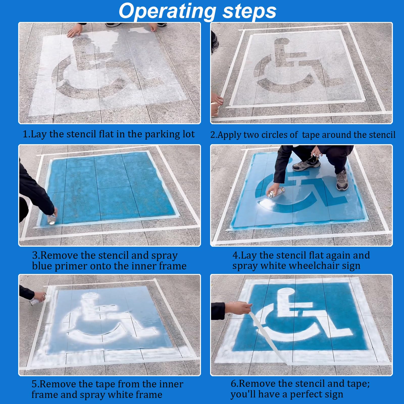RoadAlchemist handicap stencil laid flat on concrete to prevent paint bleed and ensure sharp edges.