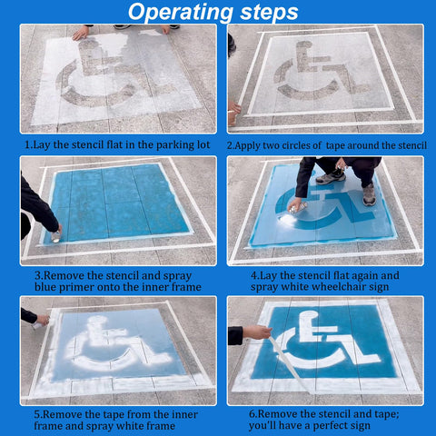 RoadAlchemist handicap stencil laid flat on concrete to prevent paint bleed and ensure sharp edges.