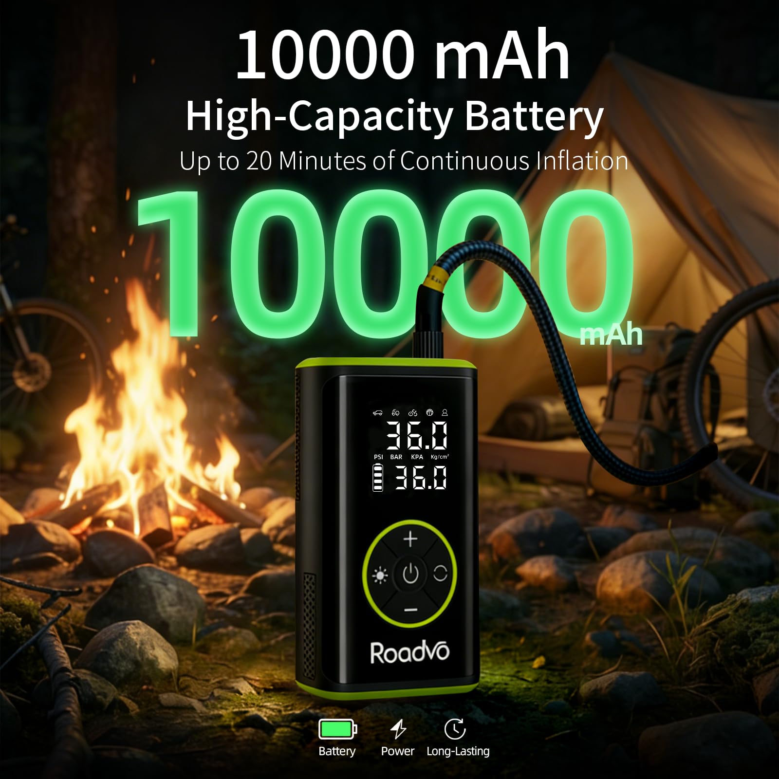 Roadvo portable inflator with 10000mAh battery showing long-lasting power for multiple inflations.