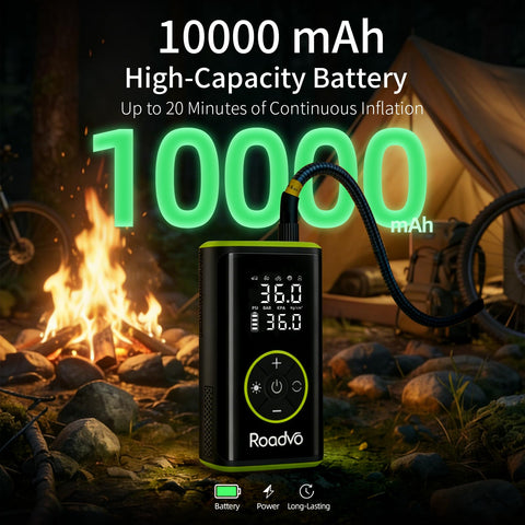 Roadvo portable inflator with 10000mAh battery showing long-lasting power for multiple inflations.