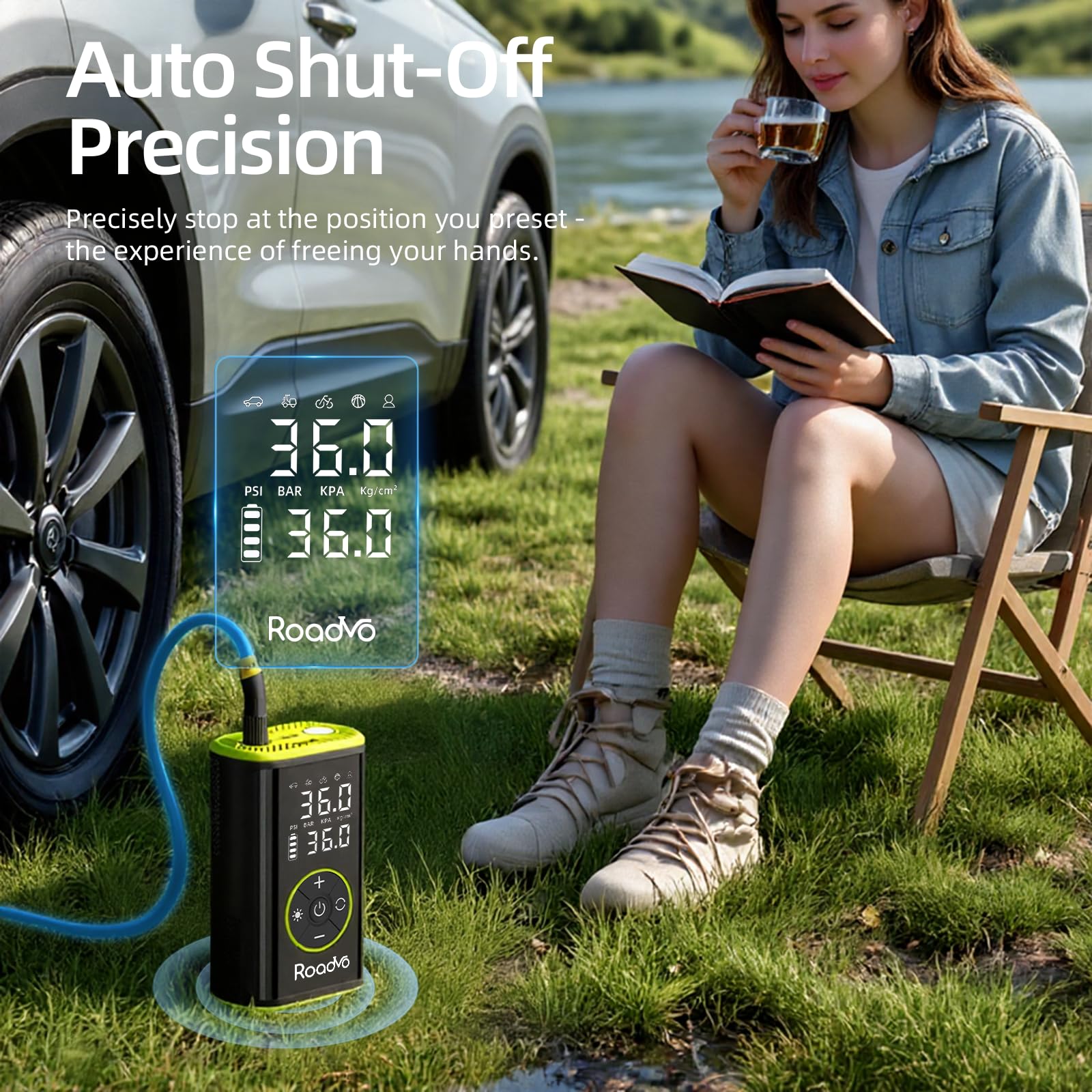 Roadvo inflator with digital gauge display showing precise pressure readings during inflation.