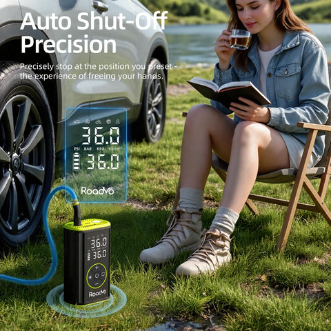 Roadvo inflator with digital gauge display showing precise pressure readings during inflation.