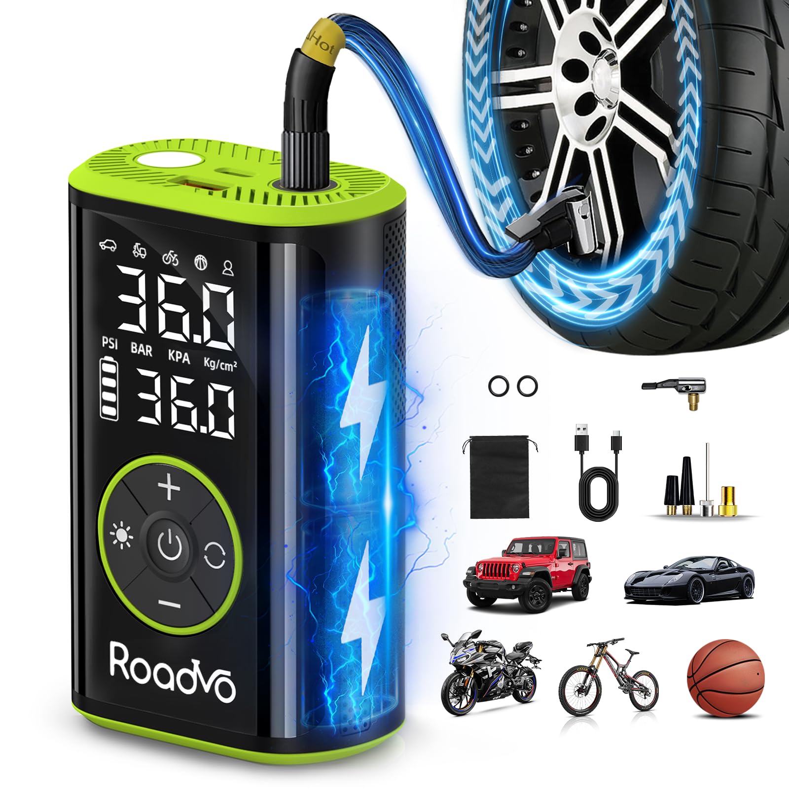 Roadvo portable tire inflator in use on a car tire for quick, reliable top-ups.