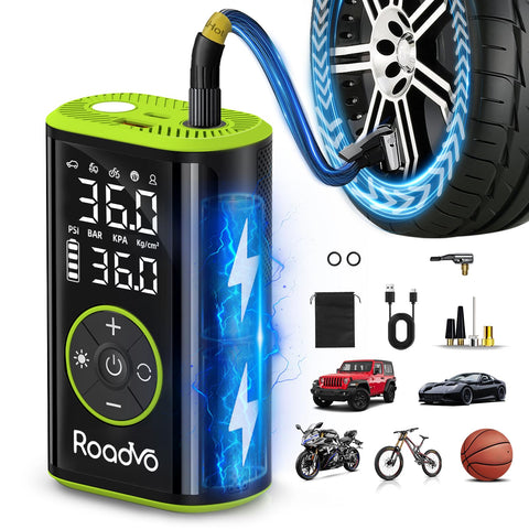 Roadvo portable tire inflator in use on a car tire for quick, reliable top-ups.