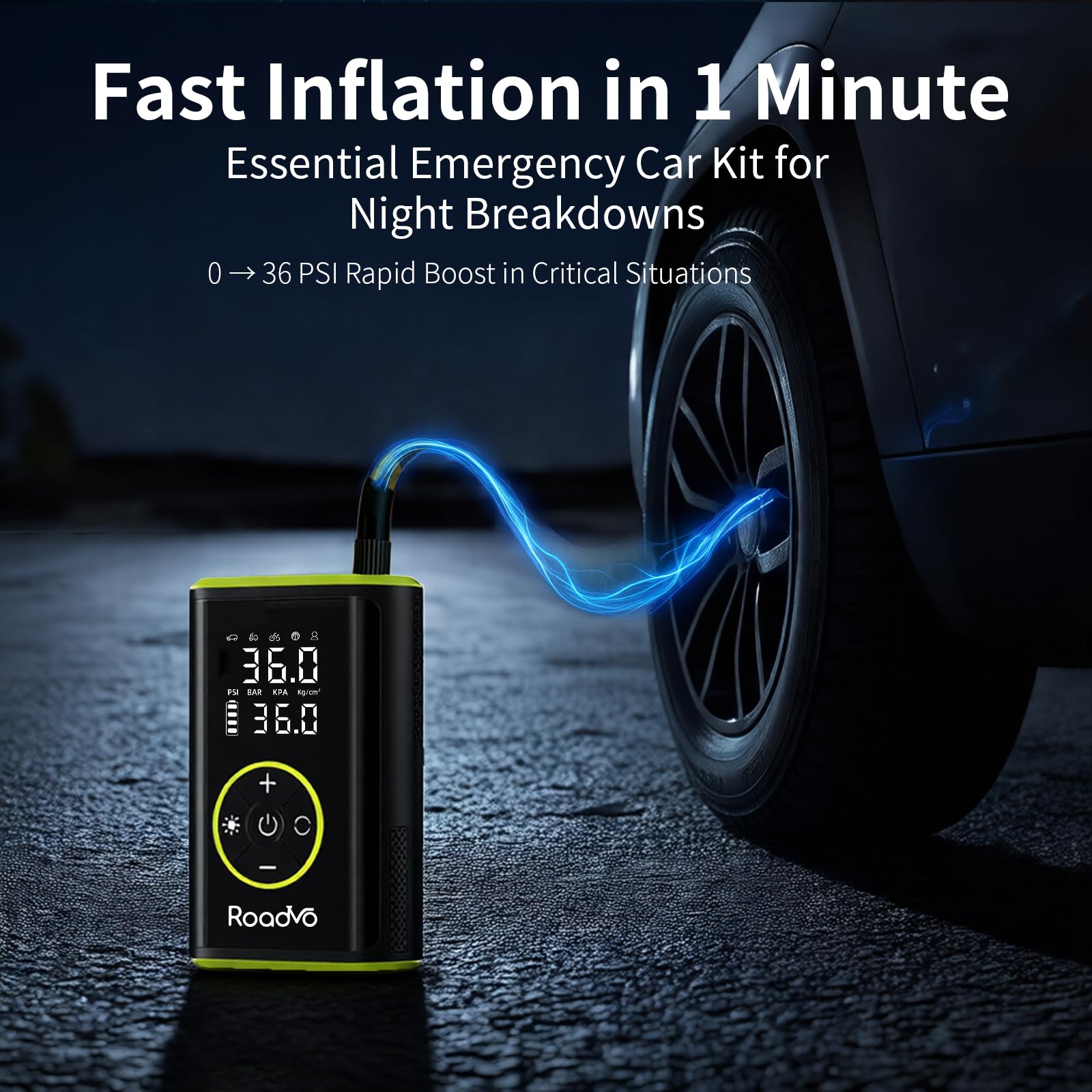 Roadvo inflator LED light illuminates the work area at night for tire checks.
