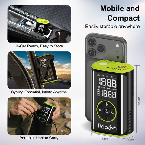 Roadvo includes multiple nozzles to inflate cars, bikes, balls, and inflatables.