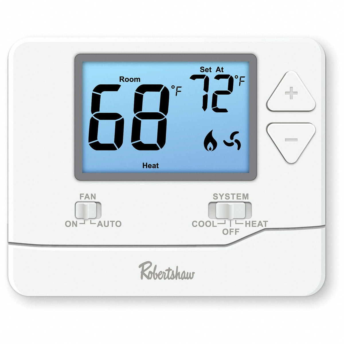 Robertshaw RS8110 Pro Series thermostat front view with blue backlit display for easy readings.