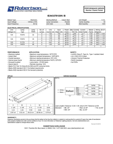 Robertson IEA432T8120N ballast thermal protection supports dependable operation across ambient temperatures.
