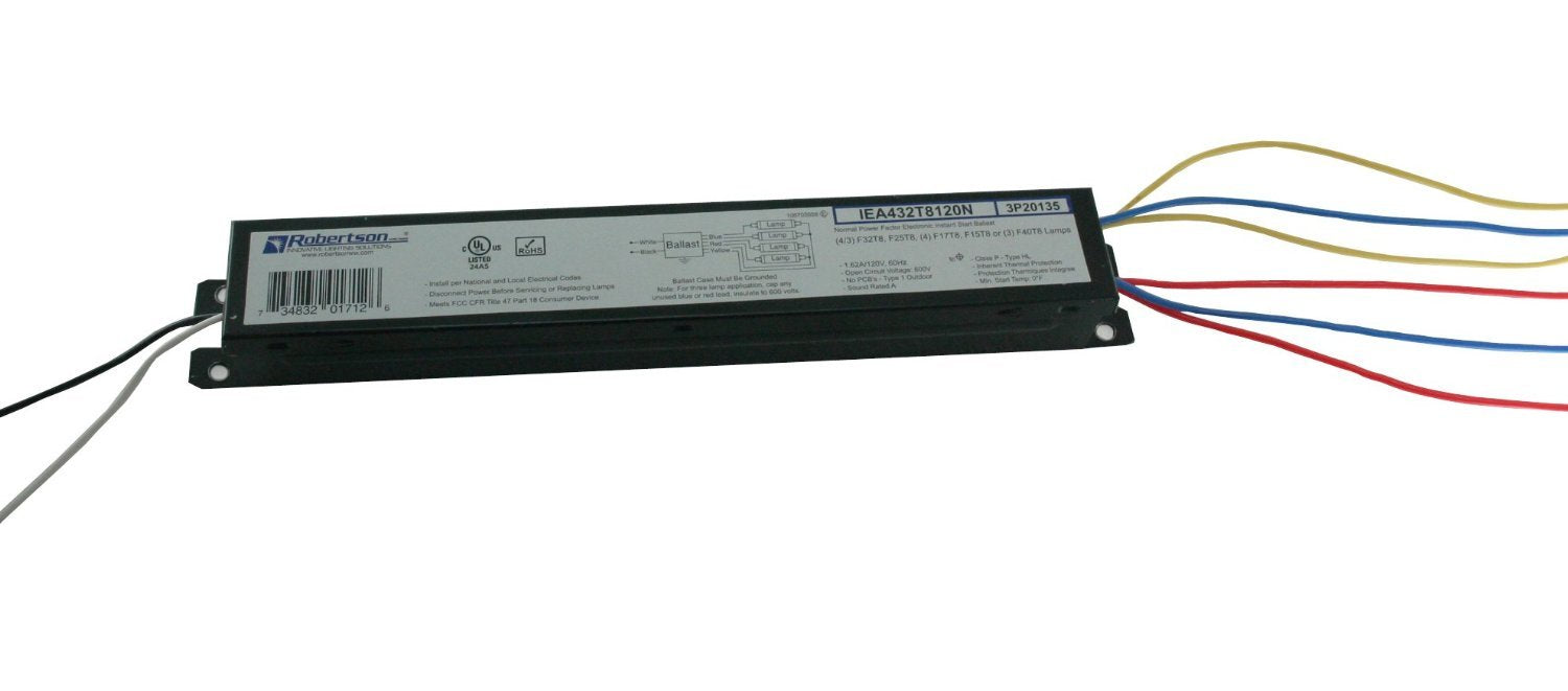 Robertson IEA432T8120N ballast wiring leads demonstrate quick install with pre-wired connections.