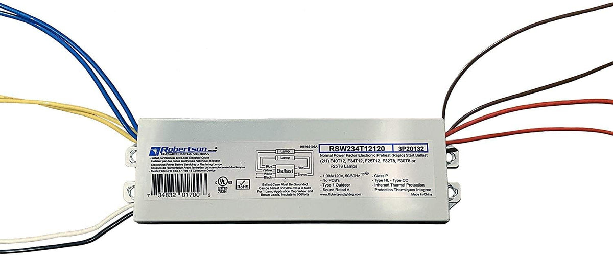 Robertson RSW234T12120 ballast enables efficient two-lamp retrofit operation.