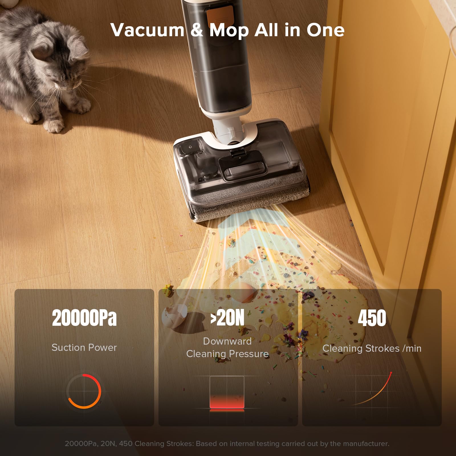 roborock F25 GT Set 20000Pa suction powering through spills on tile and vinyl