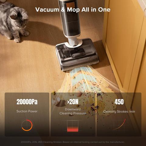 roborock F25 GT Set 20000Pa suction powering through spills on tile and vinyl