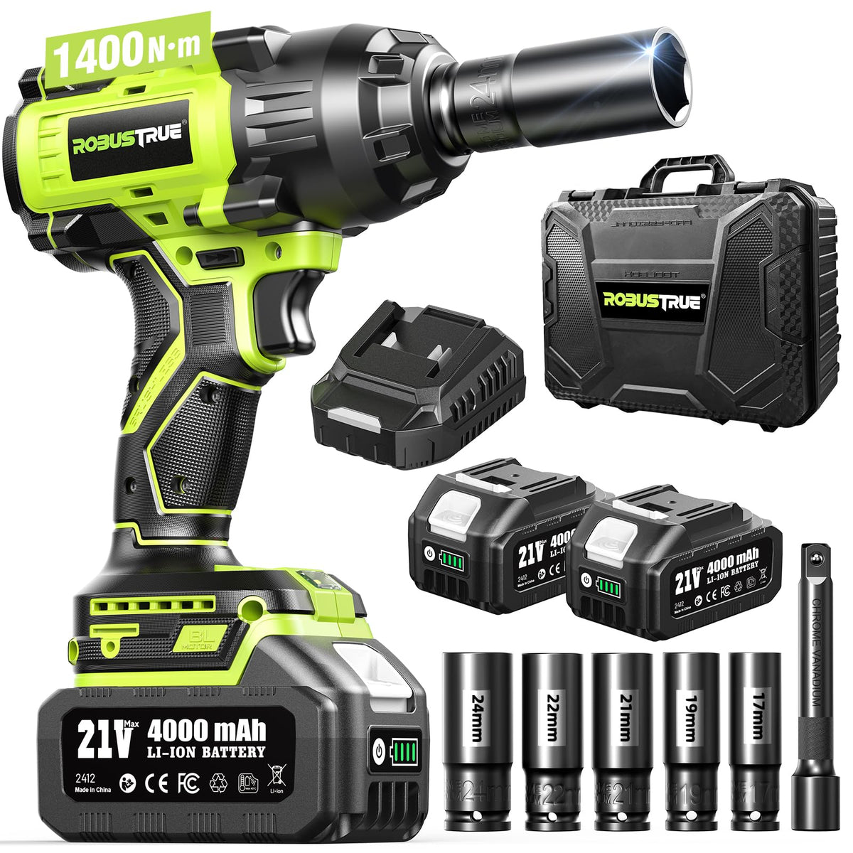 Robustrue 1400Nm cordless impact wrench in full view for heavy-duty automotive work