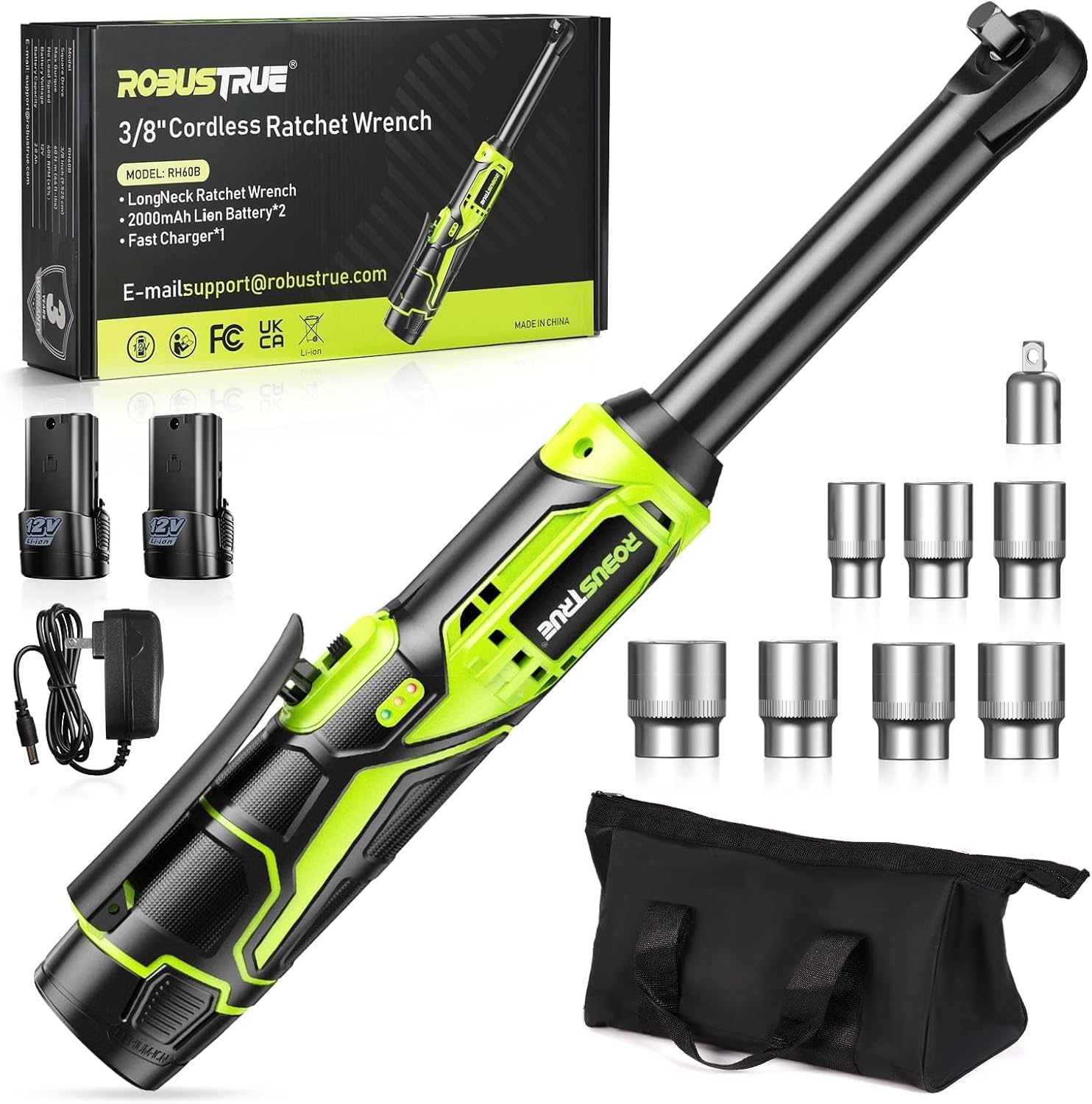 Robustrue 3/8-inch cordless ratchet wrench close-up, compact drive for tight spaces.
