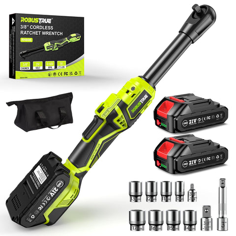Robustrue 3/8 cordless ratchet wrench highlights compact design for quick DIY tasks.