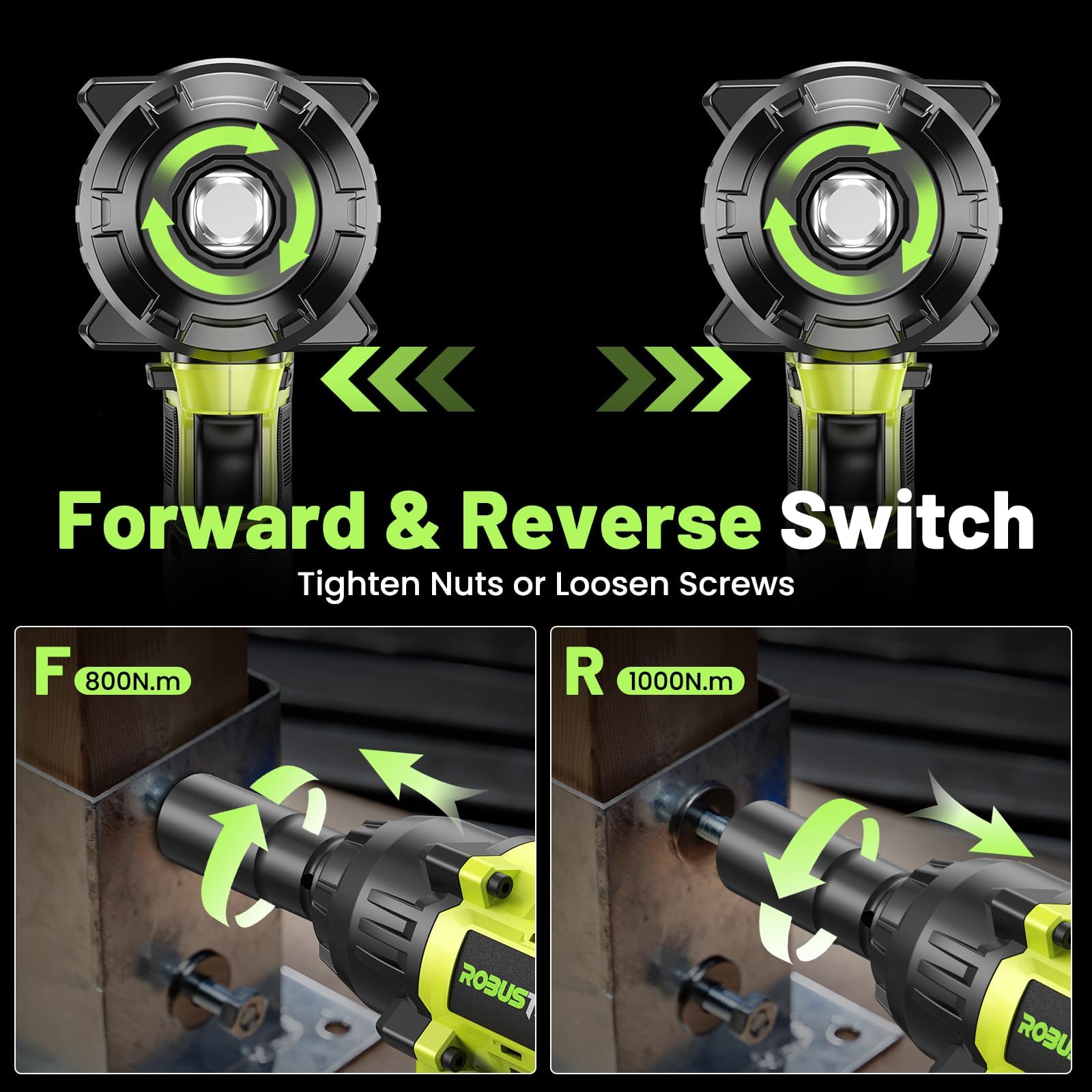 Robustrue tool features forward/reverse with auto stop for safety.