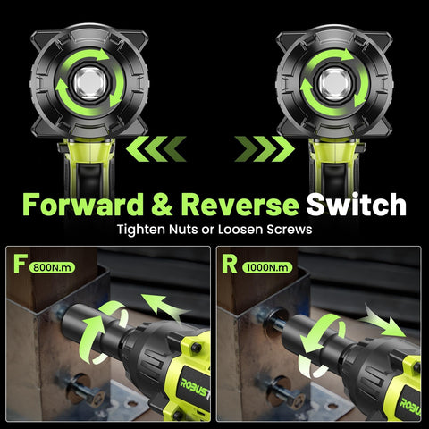 Robustrue tool features forward/reverse with auto stop for safety.