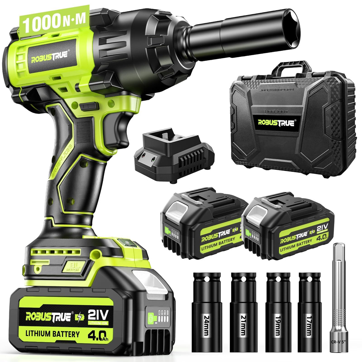 Robustrue cordless impact wrench with 1000N.m torque for fast tire removal.