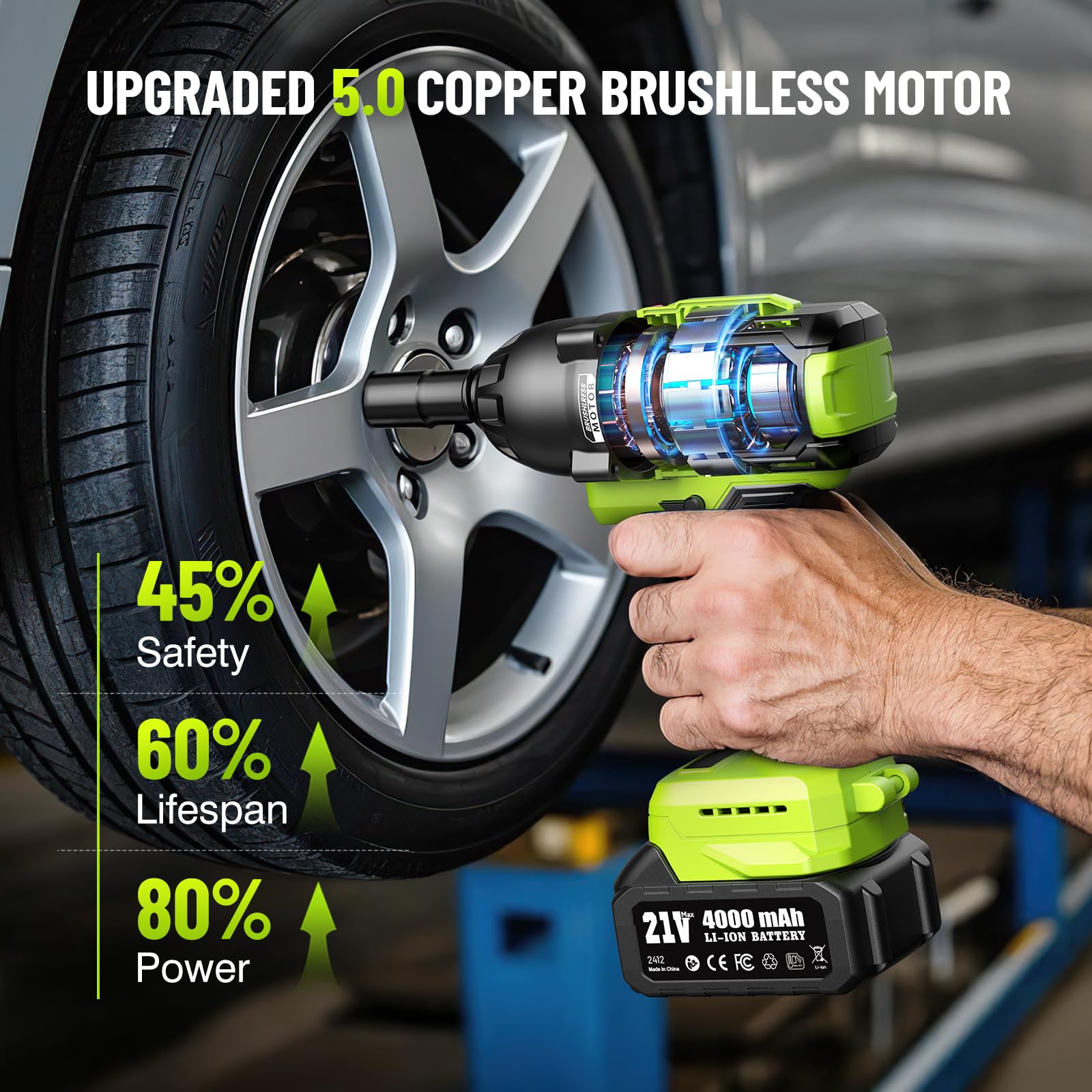 Robustrue impact wrench with battery pack demonstrates extended runtime for long jobs.