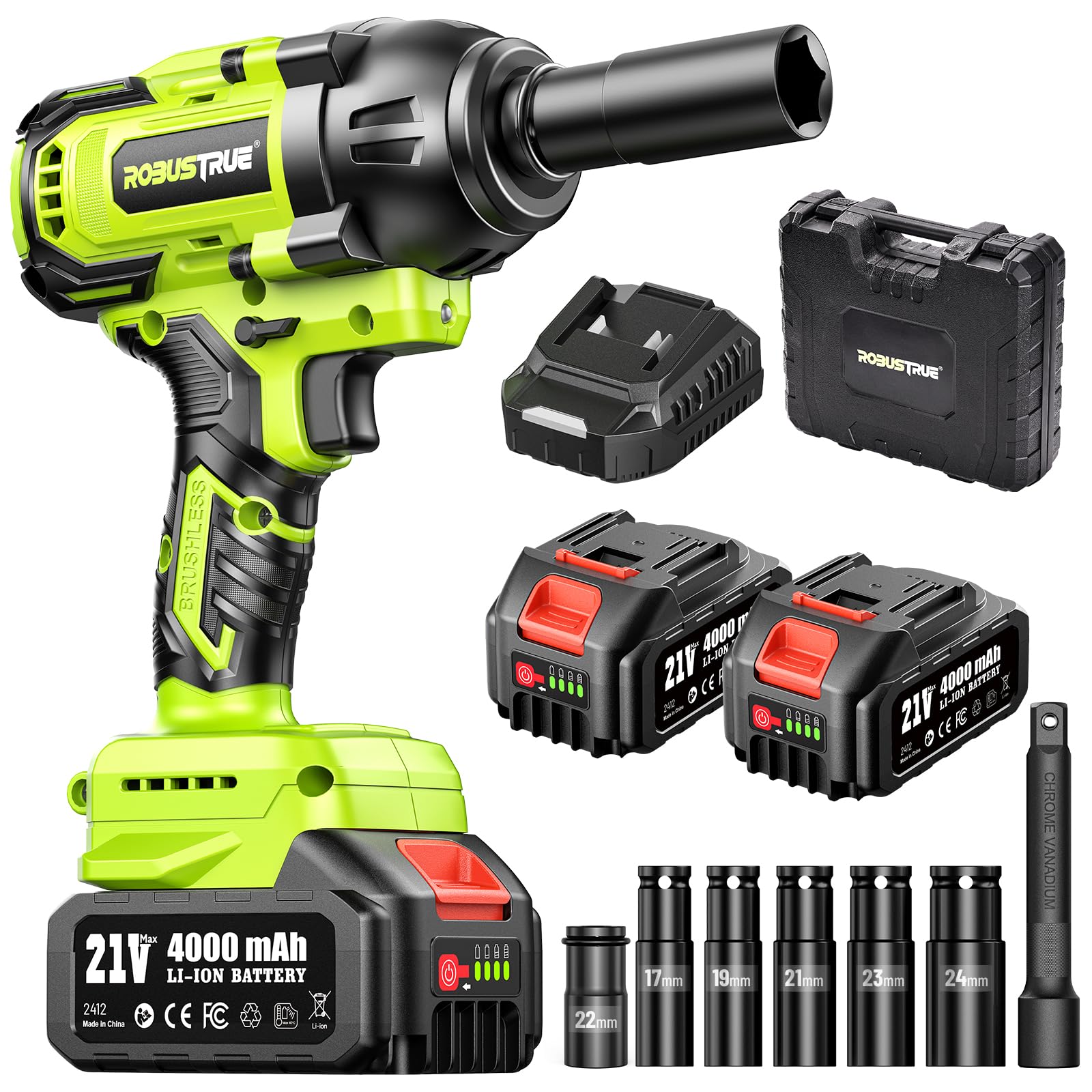 Robustrue cordless impact wrench front view shows compact design for tight spaces.