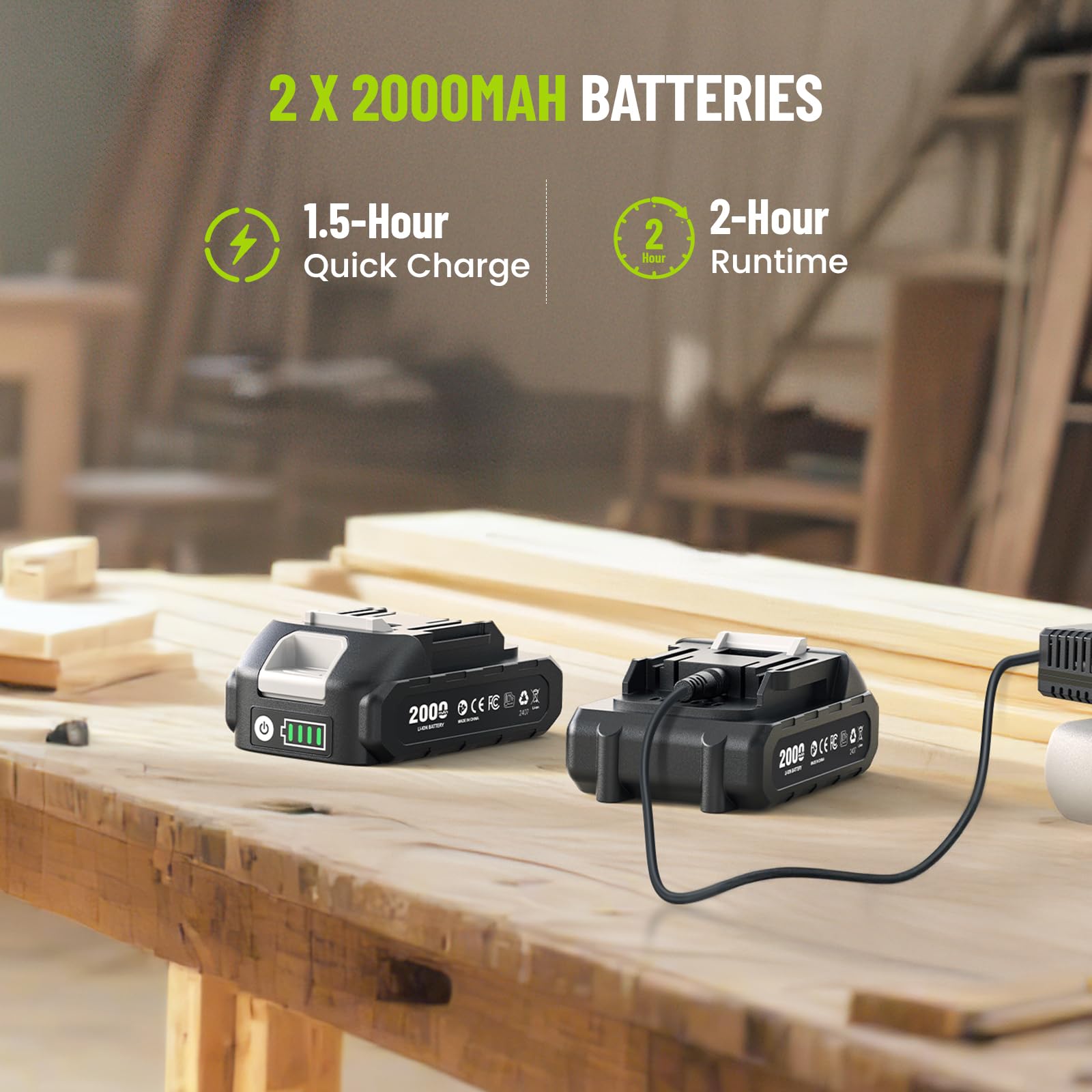 Robustrue impact driver with two 2.0Ah batteries for longer sessions