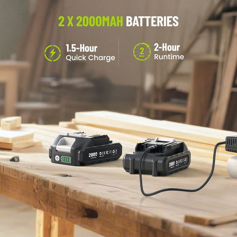 Robustrue impact driver with two 2.0Ah batteries for longer sessions