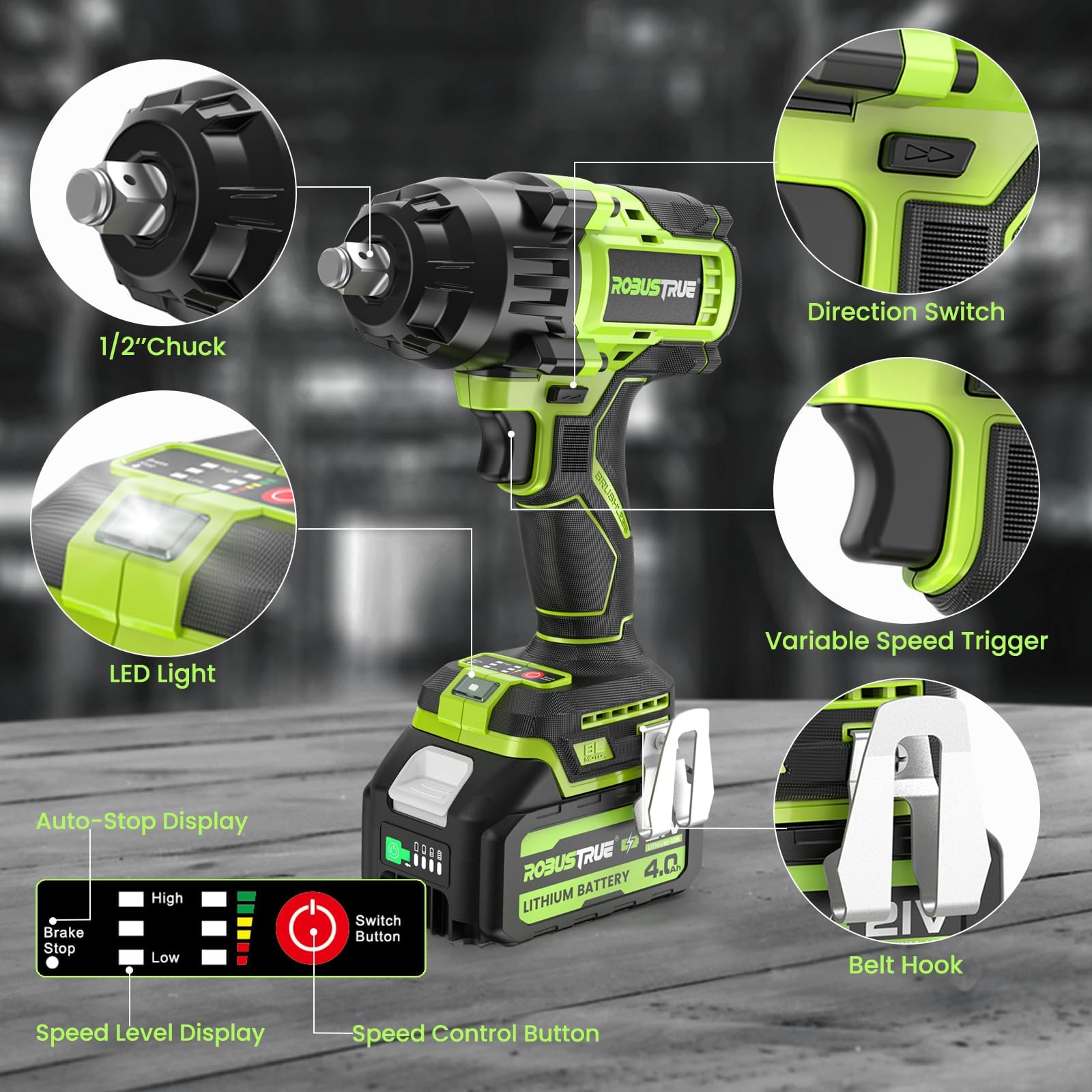 Robustrue cordless wrench suitable for home, car, truck and workshop tasks.