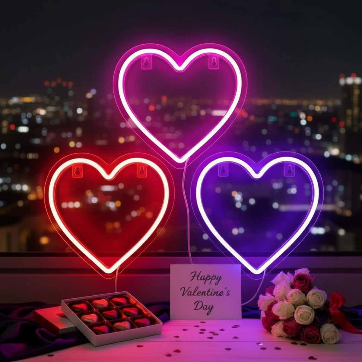 ROCEEI heart neon sign set hanging on wall creating warm Valentine mood