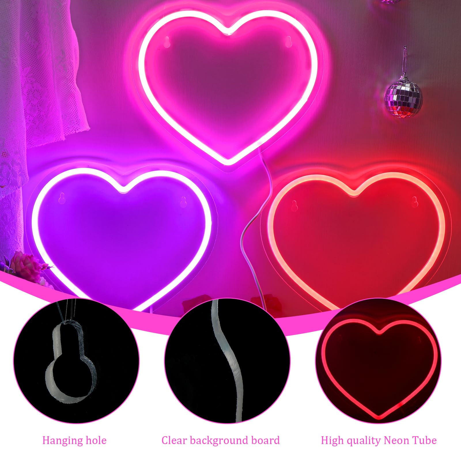 ROCEEI multi-color heart neon light for vibrant party decor