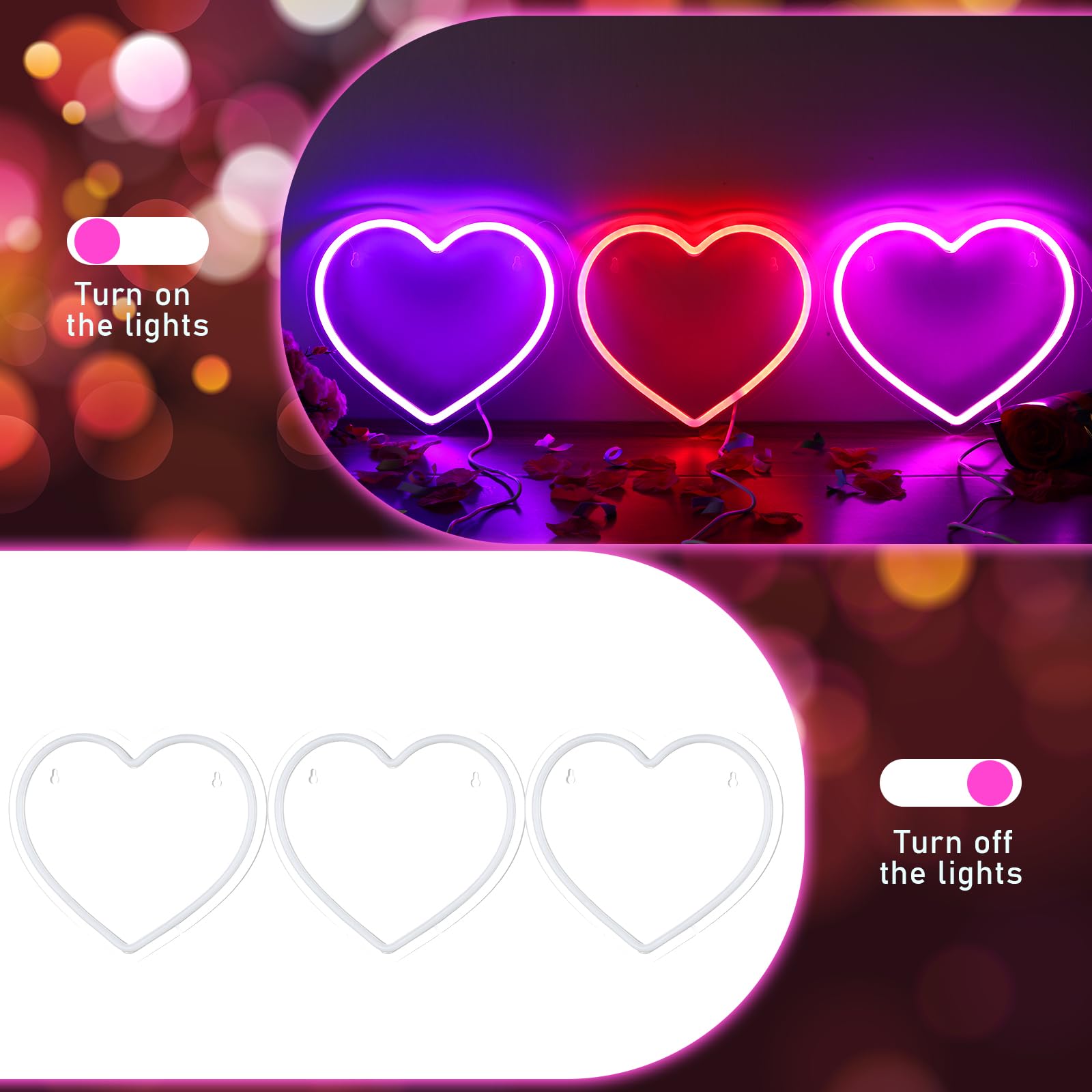 ROCEEI USB-powered heart neon sign versatile for wall or shelf use