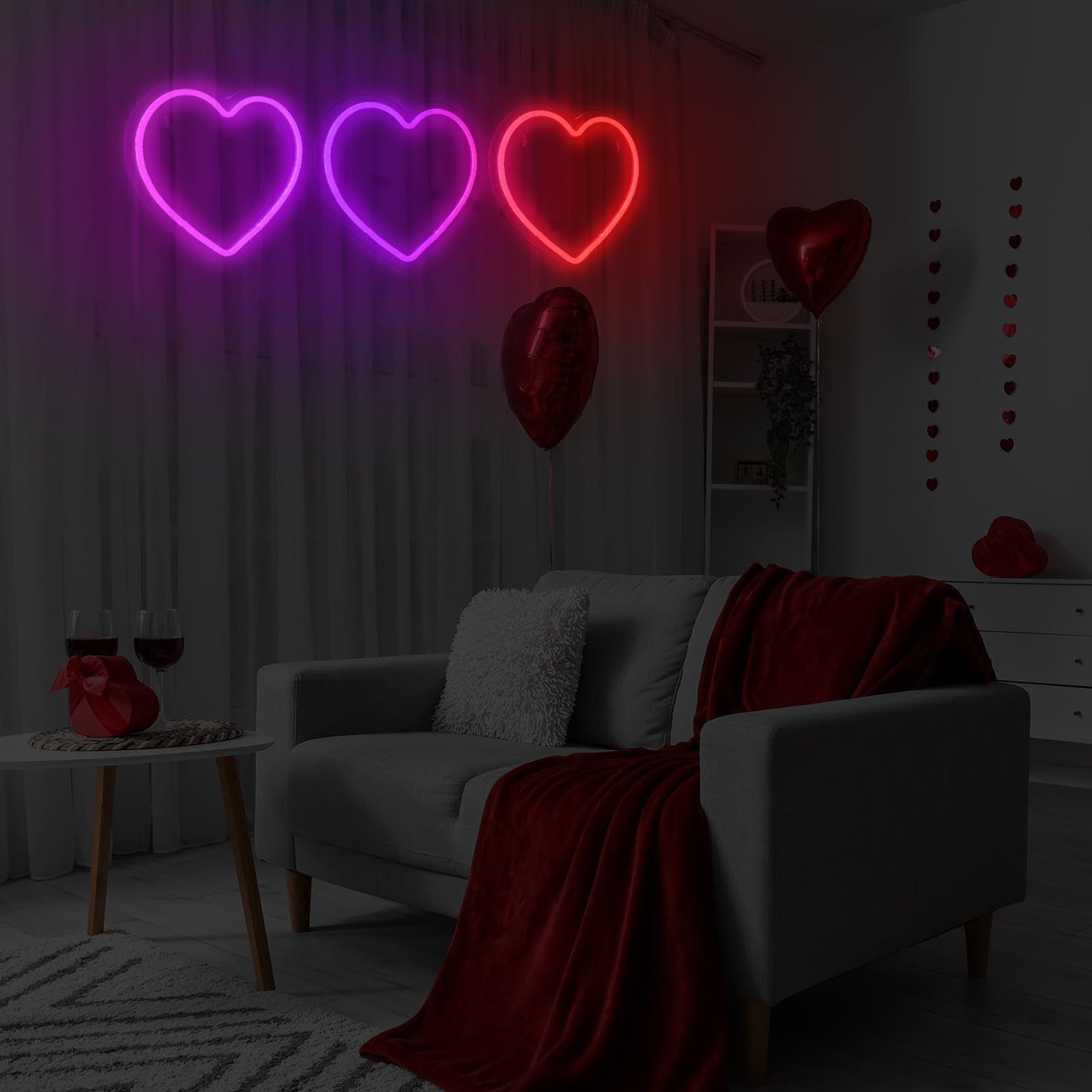 ROCEEI Valentine heart neon decor closeup shows bright LED glow