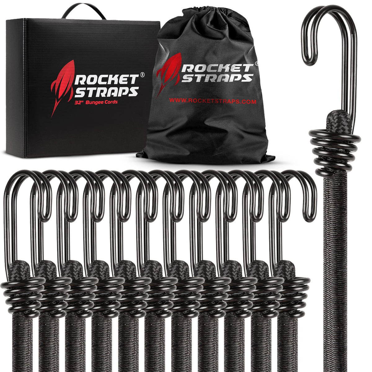 Rocket Straps Ultimate Bungee Set 48in with double-J hooks for versatile outdoor securing.