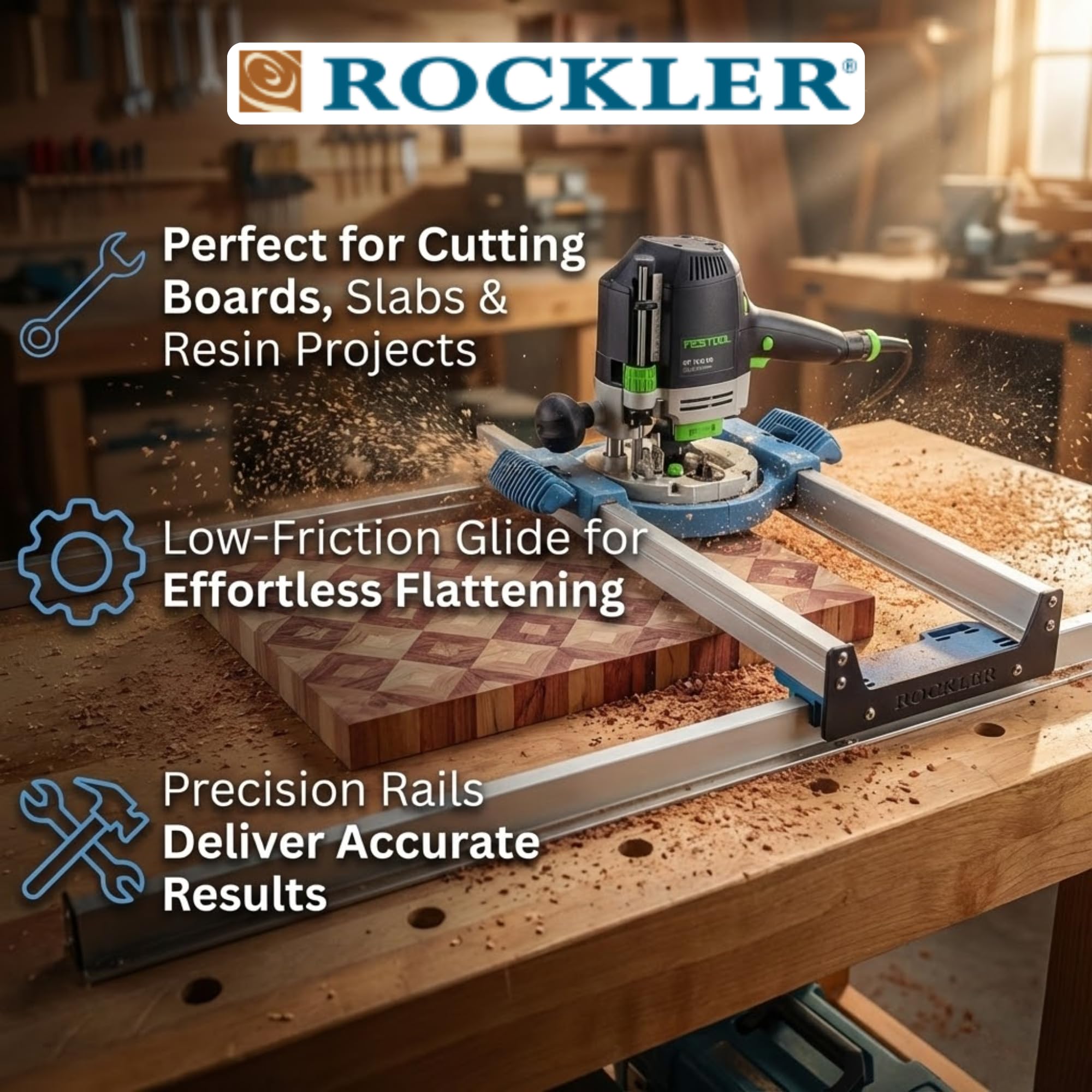 Rockler aluminum-base rails shown up close for sturdy, repeatable alignment