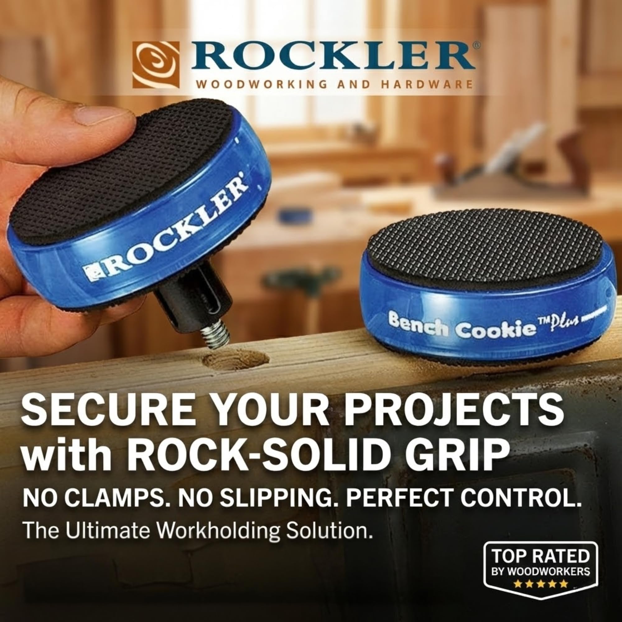 Rockler Bench Cookie Plus risers add extra clearance for tools.