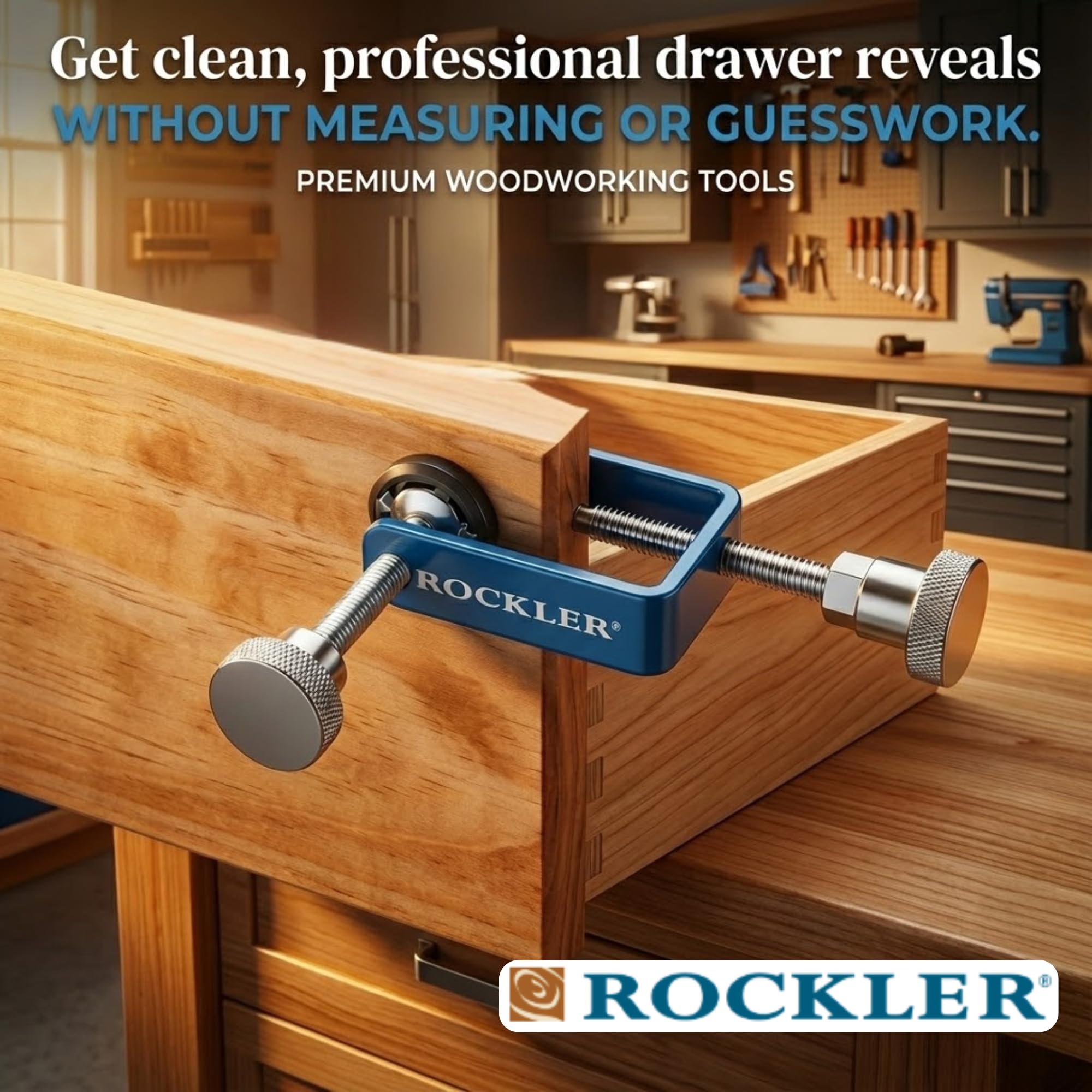 Professional-grade Rockler cabinet clamps saving time during drawer installation