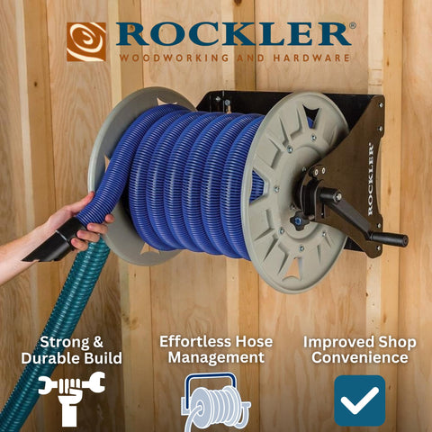 Rockler crank-up reel enables easy hose retraction after cleanup.