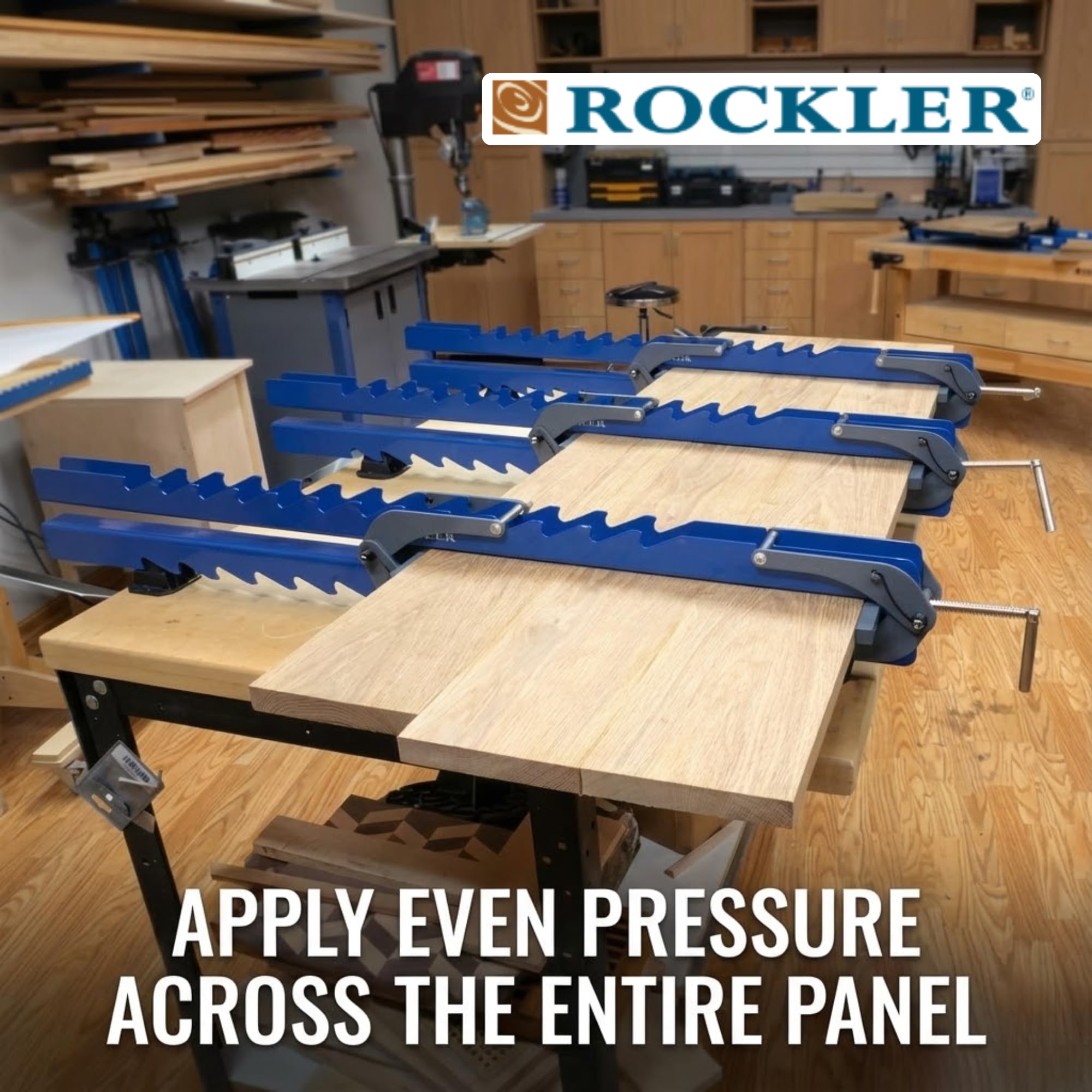 Rockler Deluxe Panel Clamp assembly with rails enables quick setup on benches.